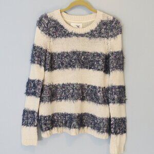 Anthropologie Tabitha Cream Navy Stripe Eyelash Fuzzy Cotton Blend Sweater Sz S